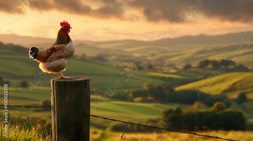 Cornish Chicken Proudly Perched on a Rustic Fence Post Against a Rolling Hillside Sunrise photo