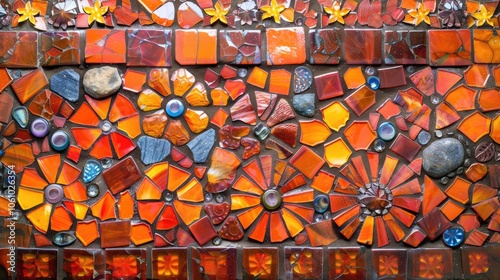 Mosaic with orange and red smalt background, stone decoration, and glass tile patterns.