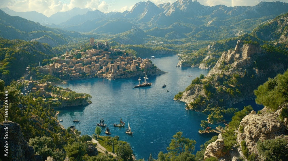 Fototapeta premium Picturesque town nestled in a valley, surrounded by mountains and a calm lake.