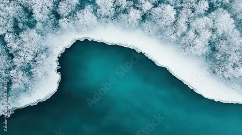   A bird's-eye view of frozen lake surrounded by trees