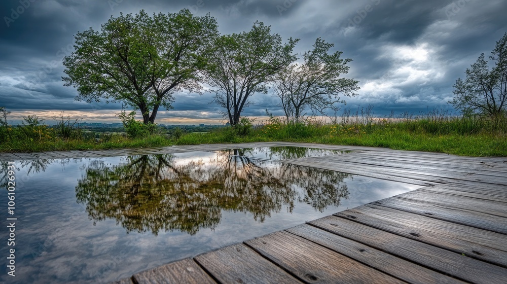 Small puddles forming along the edge of a wooden deck, reflecting nearby trees and cloudy skies, creating a peaceful rainy scene. Small puddles forming along the edge of a wooden deck, reflecting nearby trees and cloudy skies, creating a peaceful rainy scene.