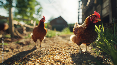 Rhode Island Red Chickens foraging in a Sunny Farm Yard with a Charming Barn in the Background photo