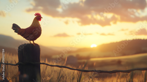 Cornish Chicken Proudly Perched on a Rustic Fence Post Against a Rolling Hillside Sunrise photo