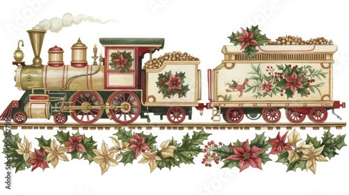 Christmas train with holly and mistletoe on the front