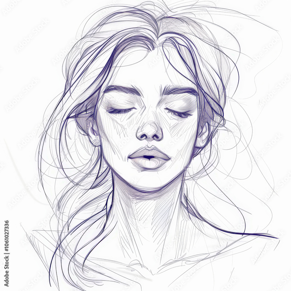 A captivating sketch features a woman with closed eyes, exuding tranquility. Her flowing hair frames her face beautifully, emphasizing her serene expression in a delicate style