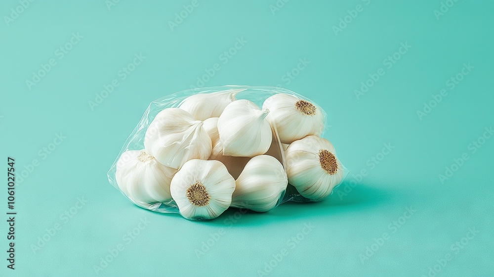   A bag of garlic sits atop a blue counter, beside a mound of garlic cloves