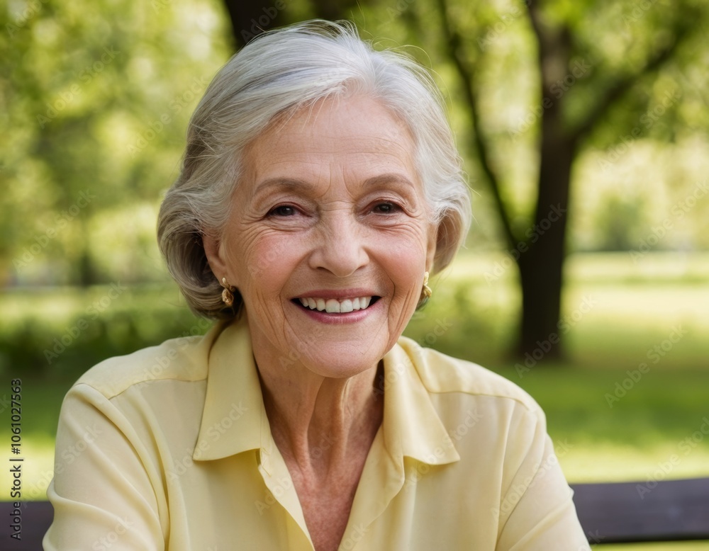Happy active senior woman smiling outdoors in a park enjoying retirement with vitality and happiness Beautiful portrait of a mature female embracing nature and lifestyle on a bench Happy active senior woman smiling outdoors in a park enjoying retirement with vitality and happiness Beautiful portrait of a mature female embracing nature and lifestyle on a bench