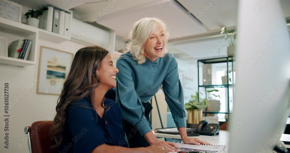 Meeting, computer and business woman with boss for planning, feedback and consulting for project. Corporate, teamwork and manager, worker on pc and online research, website review or collaboration Meeting, computer and business woman with boss for planning, feedback and consulting for project. Corporate, teamwork and manager, worker on pc and online research, website review or collaboration