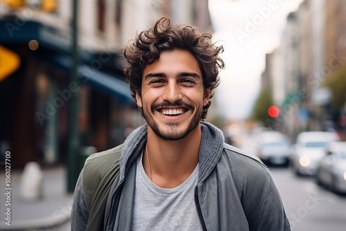 Portrait of a handsome young man smiling at the camera while standing in the street