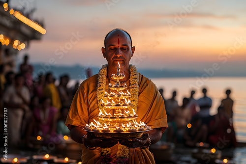 A Sadhu performing the Ganga Aarti ceremony in India, surrounded by the sacred glow of lamps and the river’s flowing waters, embodying devotion, spirituality, and tradition photo