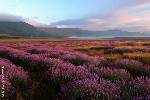 Blooming lavender fields, moving softly in unison beneath a serene, painted sky.