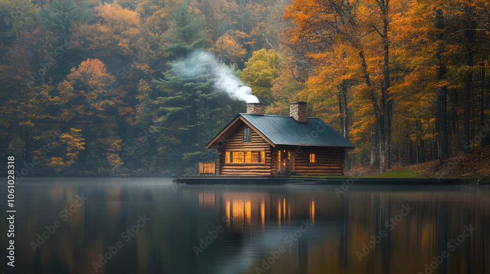 Obraz premium Tranquil Lakeside Cabin Surrounded by Pines with Gentle Chimney Smoke Rising Peacefully