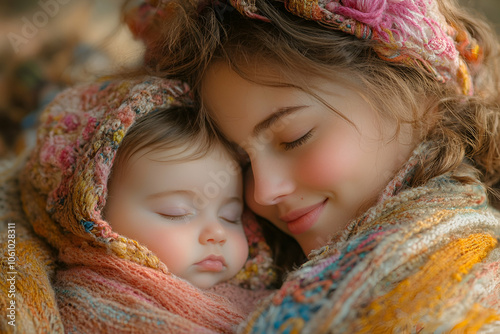 A tender moment between a mother and her baby, both wrapped warmly in colorful blankets, showcasing love and intimacy in a serene setting.