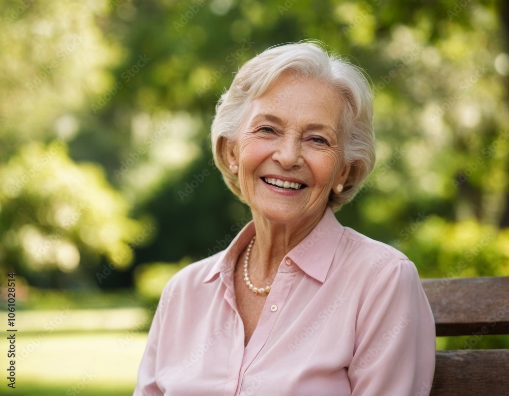 Happy active senior woman smiling outdoors in a park enjoying retirement with vitality and happiness Beautiful portrait of a mature female embracing nature and lifestyle on a bench