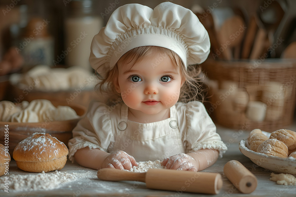 A cute baby dressed as a chef, surrounded by baking tools and pastries, creating a charming and playful kitchen scene. A cute baby dressed as a chef, surrounded by baking tools and pastries, creating a charming and playful kitchen scene.