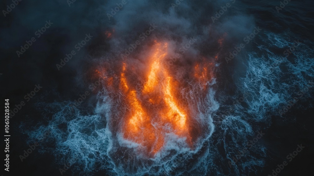 Fototapeta premium Aerial view of a fiery glow on the ocean.