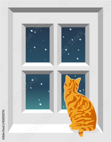 Ginger cat watching snow in the window