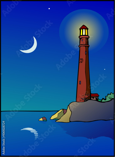 Lighthouse with new moon in twilight
