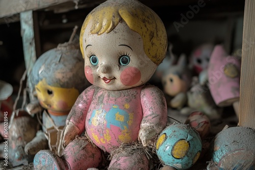Old dirty doll sitting on shelf with other toys