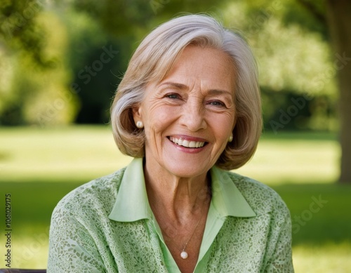 Happy active senior woman smiling outdoors in a park enjoying retirement with vitality and happiness Beautiful portrait of a mature female embracing nature and lifestyle on a bench