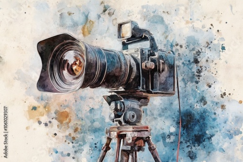 Vintage camera on tripod with artistic watercolor background for photography enthusiasts. World Cinema Day