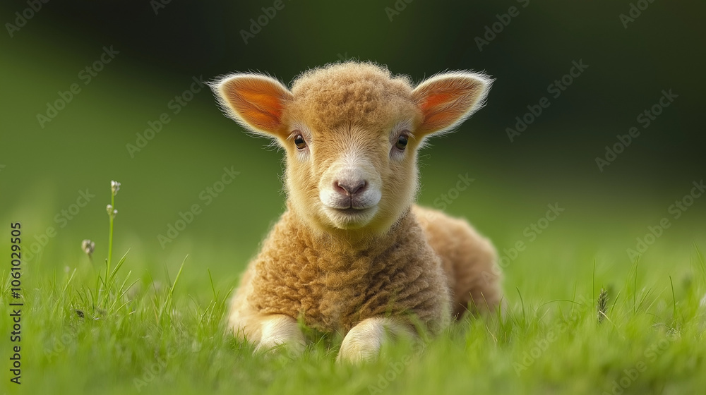 Cute lamb resting in green grass with a soft focus background for spring atmosphere Cute lamb resting in green grass with a soft focus background for spring atmosphere