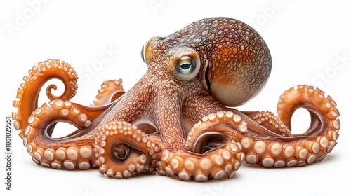 A brown octopus with large, blue eyes and eight tentacles.