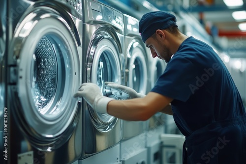 Industrial worker checking washing machines in a manufacturing factory