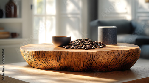 Elegant Arrangement of Lighter Coffea Stenophylla Beans on a Rich Wooden Table photo