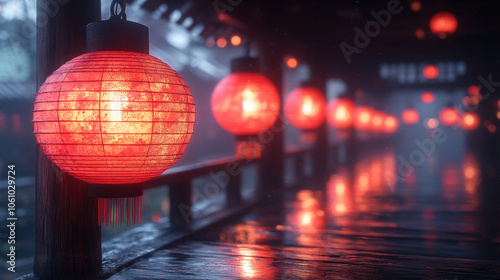 Artistic depiction of lanterns adorning a street, creating a festive atmosphere during the Lunar New Year.