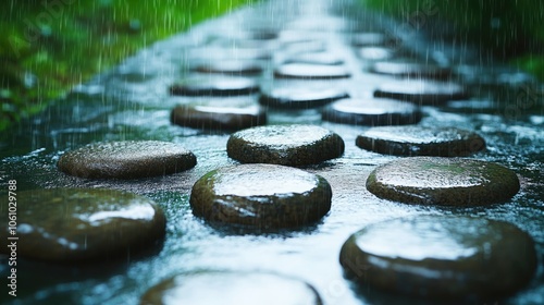 Wet, rain-soaked rocks and pebbles on a path, each stone reflecting light and creating a polished look in the gentle rain. photo