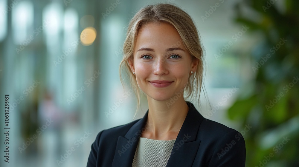 Portrait of a young businesswoman smiling in a modern office. Portrait of a young businesswoman smiling in a modern office.