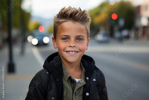 Portrait of a smiling little boy in a city street looking at camera