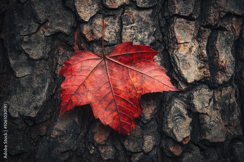 Zoomed-in shot of an autumn leaf with rich red colors resting against textured tree bark, showcasing fine details.
