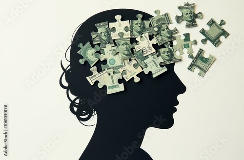 puzzles in the head, Money thinking, financial literacy, thoughts about money, earning, trading. copy space