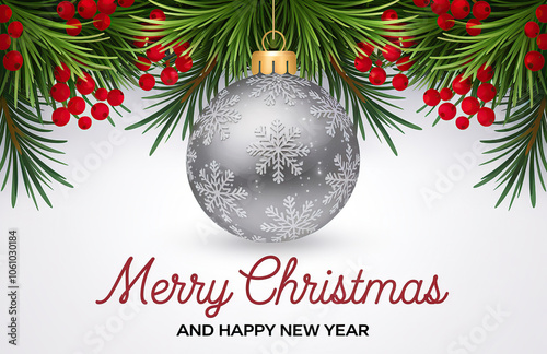Merry Christmas greeting card with a branches, decoration and berries on white background