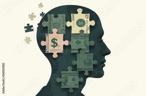 puzzles in the head, Money thinking, financial literacy, thoughts about money, earning, trading. copy space