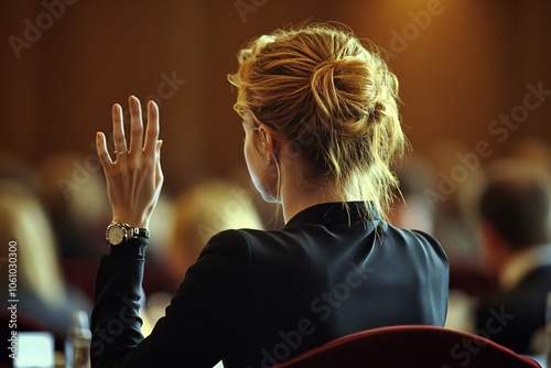 Young woman from behind, hand raised in question, conference setting, low warm lighting, focused on gesture, medium close-up 1 photo