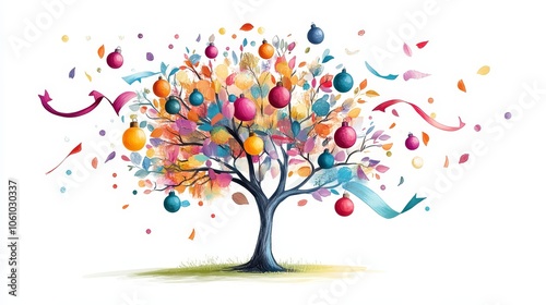 A whimsical tree adorned with colorful ornaments and floating ribbons, surrounded by vibrant leaves and confetti