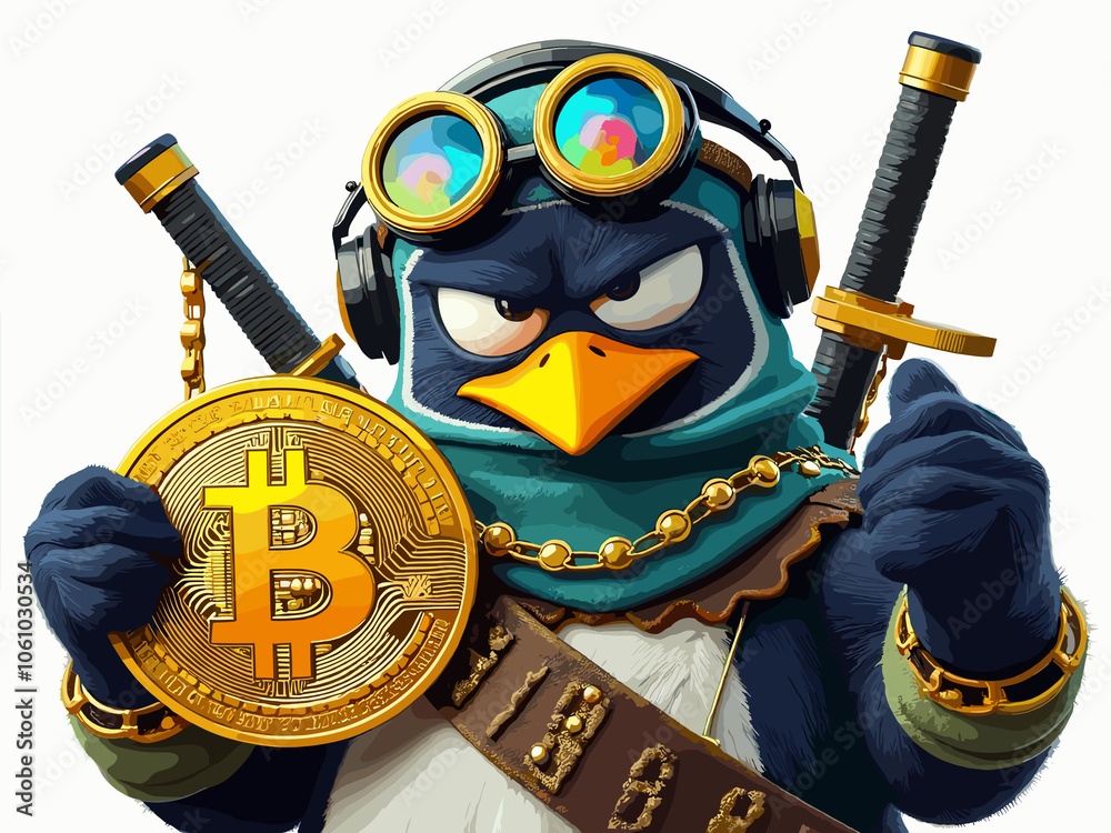 Obraz premium A cartoon penguin character holding a Bitcoin, wearing headphones and styled with samurai swords in a vibrant, creative setting