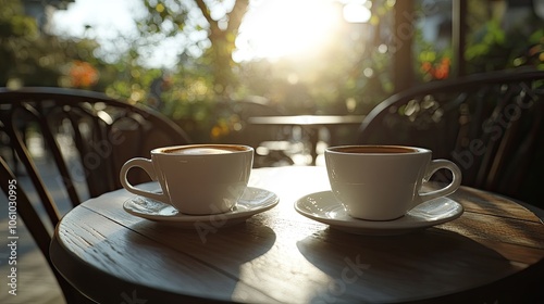 Two steaming cups of coffee on a wooden table with a blurred background of a patio with greenery.