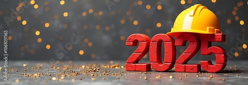 A yellow construction helmet rests on the brick-red numbers 2025, New Year's Eve background