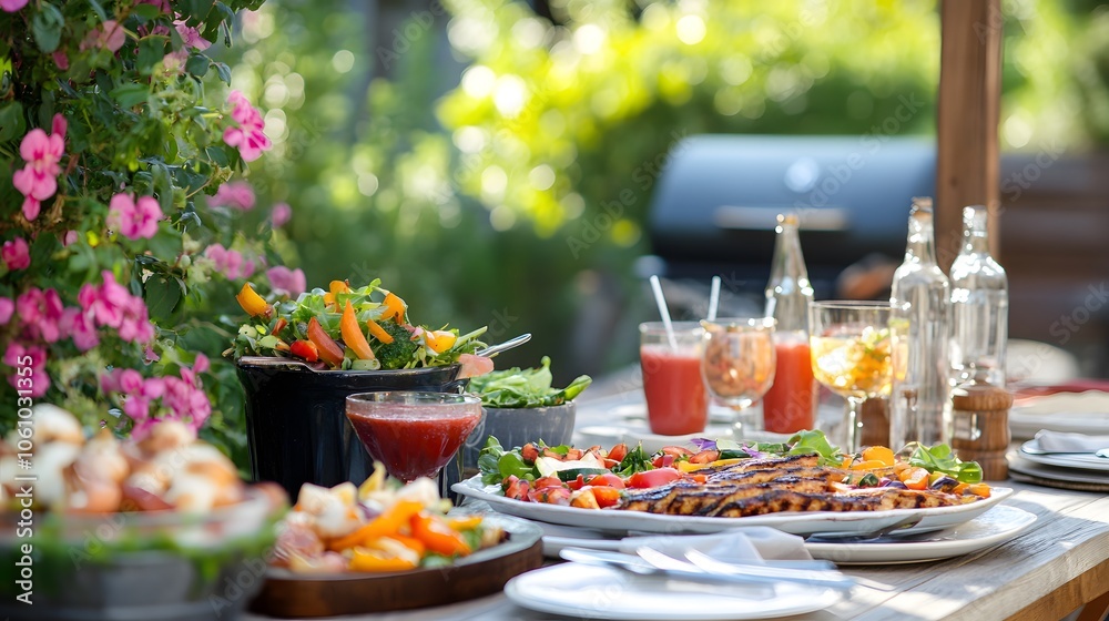 An outdoor table with light summer dishes grill An outdoor table with light summer dishes grill