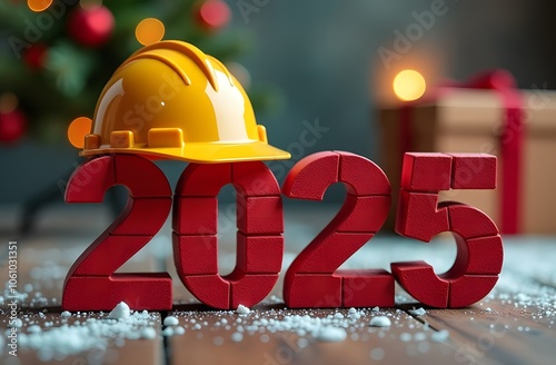 A yellow construction helmet rests on the brick-red numbers 2025, New Year's Eve background
