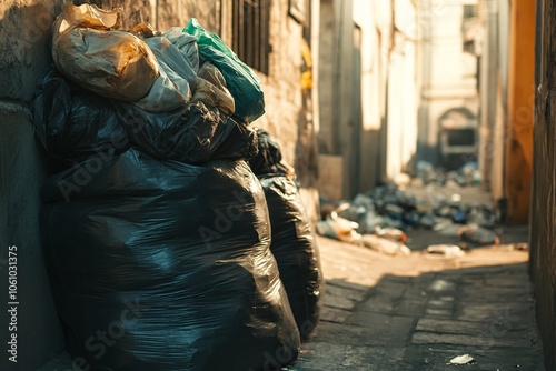 Stacked garbage bags in a pile, showing plastic waste spilling over, daylight, narrow alley, city pollution in detail, shadows casting over bags, medium close-up 2