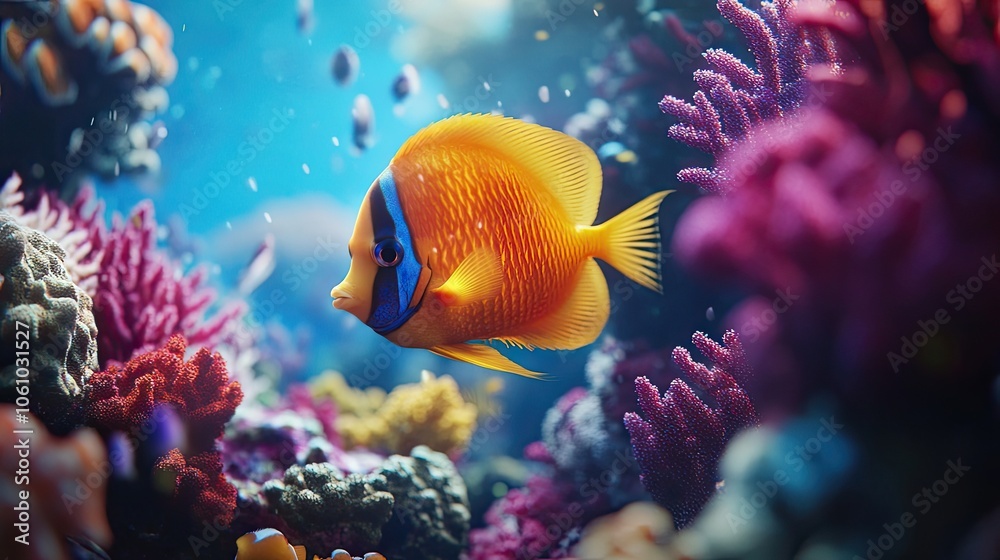 A vibrant orange fish with a blue stripe swims among vibrant coral reefs. A vibrant orange fish with a blue stripe swims among vibrant coral reefs.