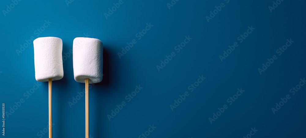 Two marshmallows on sticks against a solid blue background Two marshmallows on sticks against a solid blue background