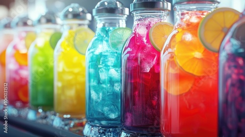 A row of colorful, refreshing drinks, each with ice and a citrus slice. Perfect for a hot day.