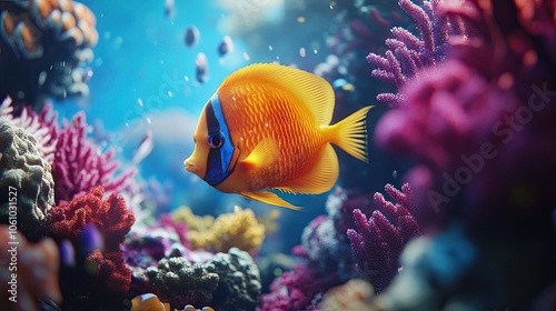 A vibrant orange fish with a blue stripe swims among vibrant coral reefs.