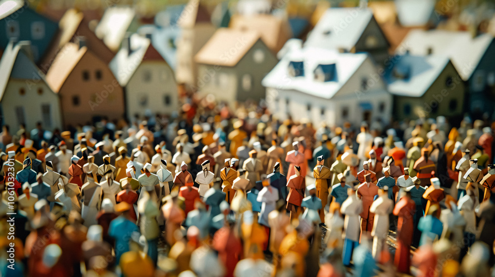 Obraz premium Large Crowd of Diverse People in Origami Form Inside a Town